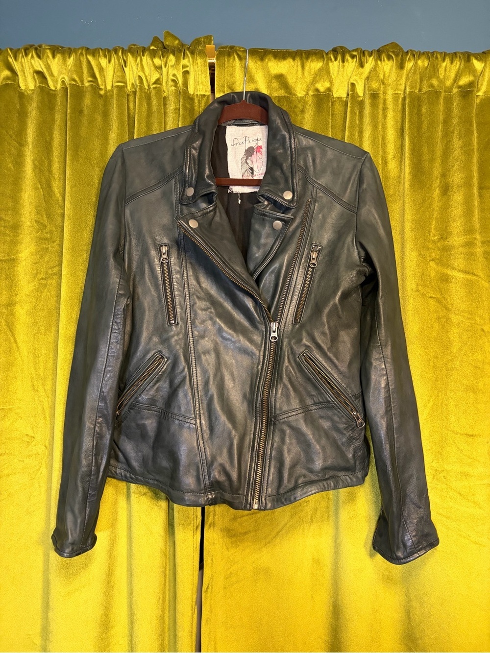 Free People 100% Leather Grunge Green Black Moto Jacket. Size 10. Retail $300+